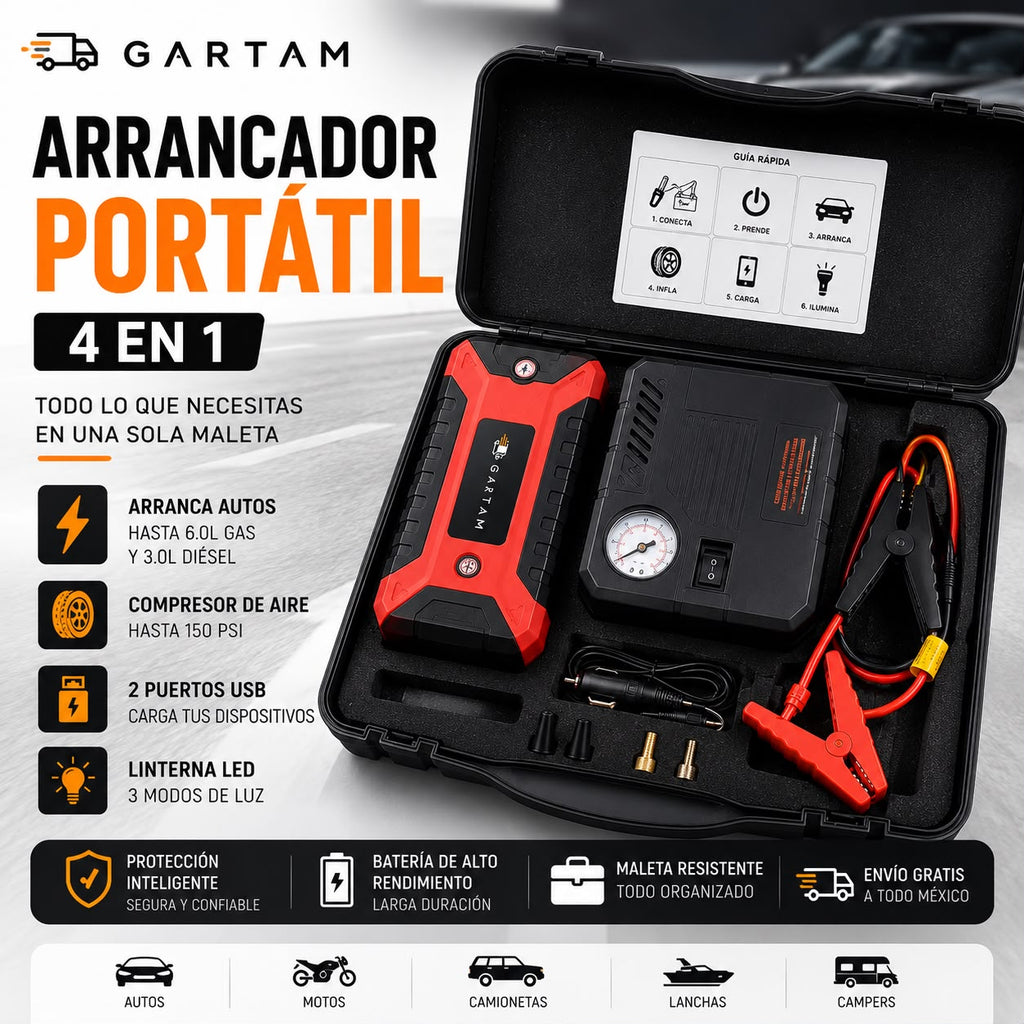 Arrancador Portátil con Compresor de aire 4 en 1