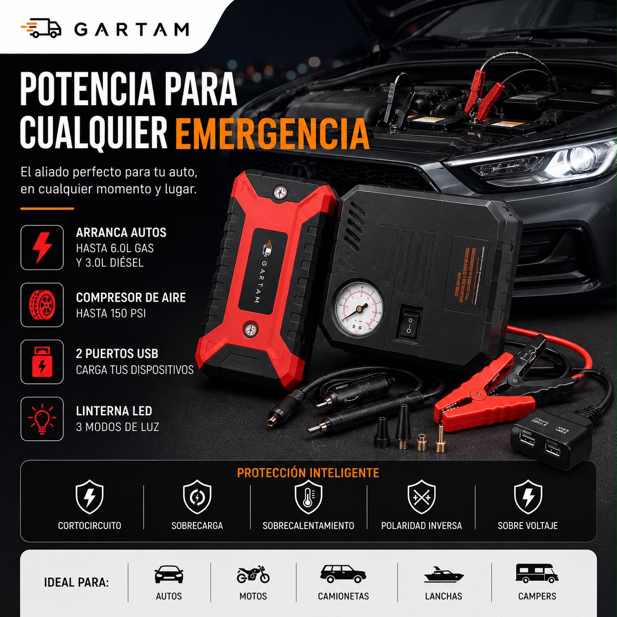 Arrancador Portátil con Compresor de aire 4 en 1