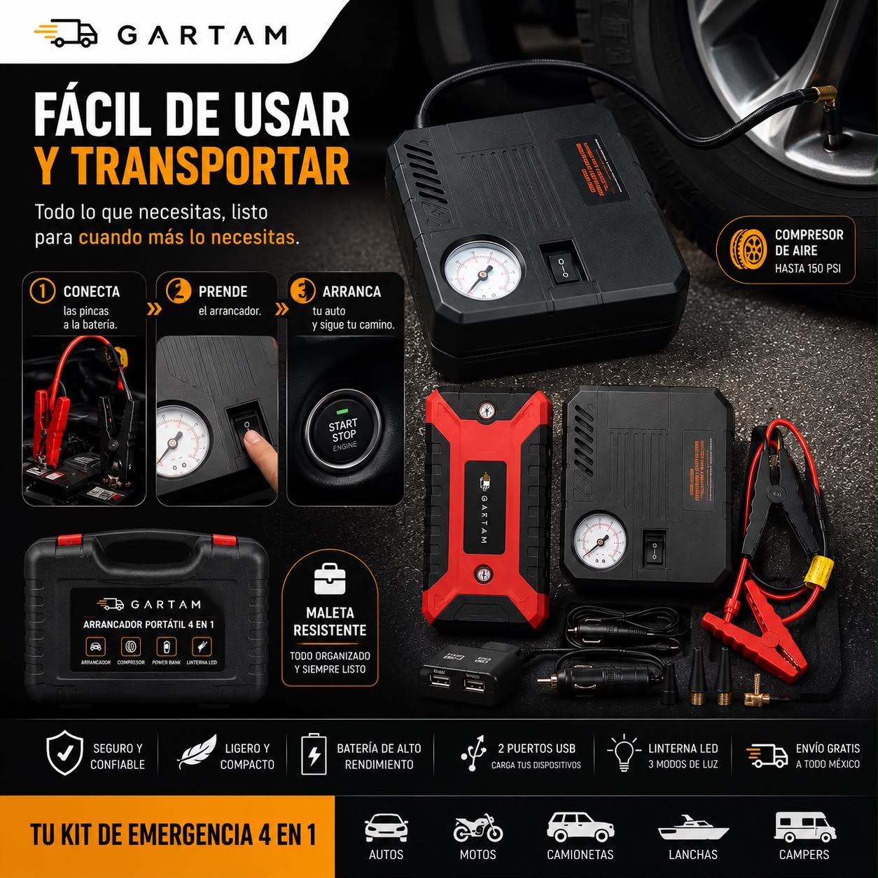 Arrancador Portátil con Compresor de aire 4 en 1